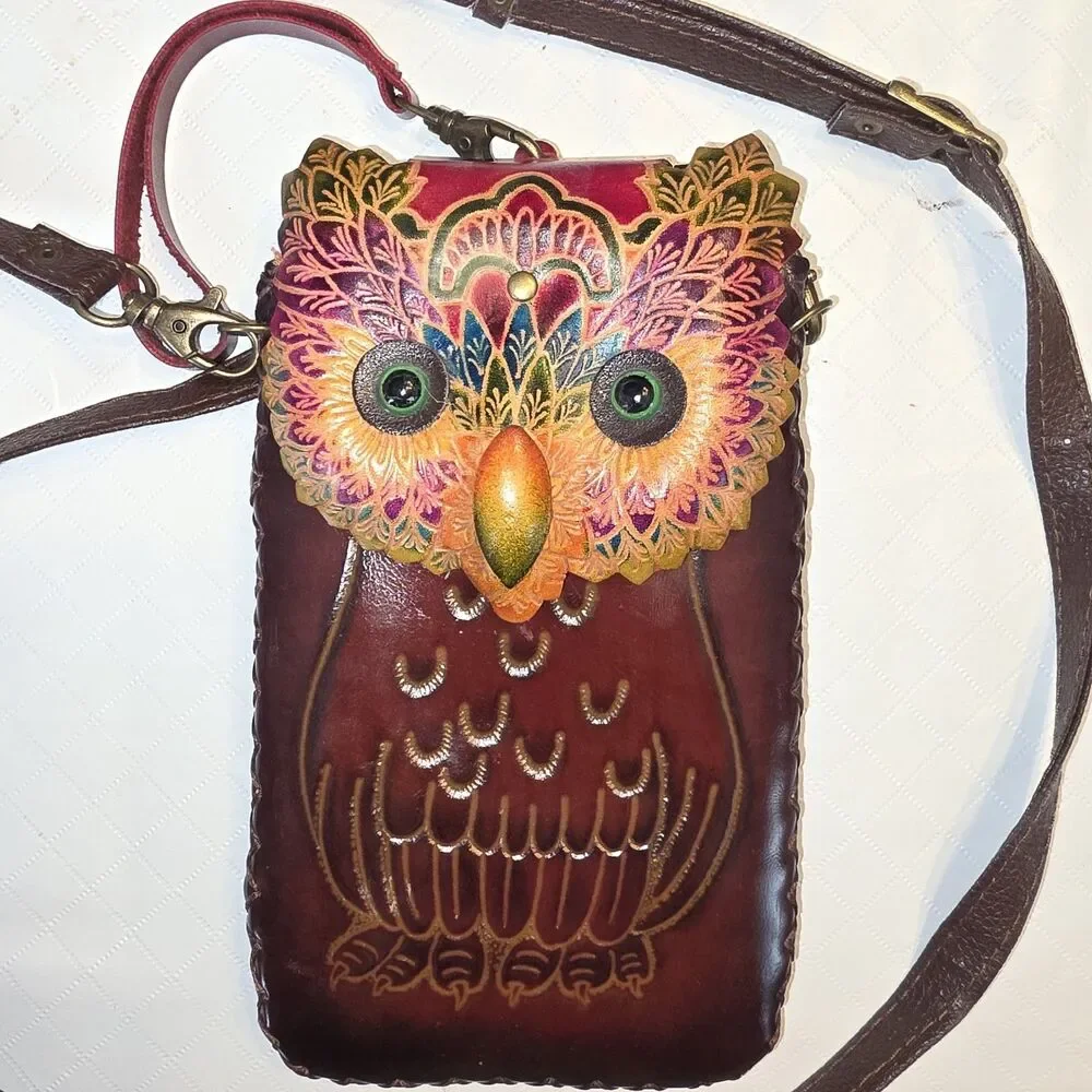Genuine Leather  Colorful Owl Cross-body Wallet/Purse